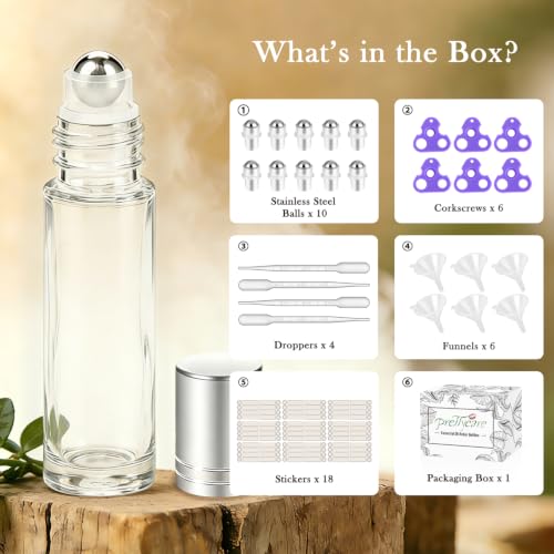 Clear Essential Oil Roller Bottles Set of 60 with Silver Cap - 10ml Travel Refillable Glass Bottles