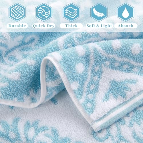 Cotton Wash Cloths Set - 6 Pieces 13x13 Inches Quick Dry Soft Absorbent Damask Pattern Aqua & White