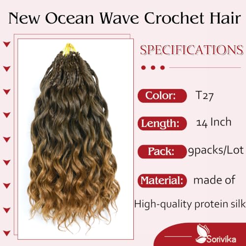 9 Packs Ocean Wave Crochet Hair 14in - Protein Fiber, Pre-Looped Boho Style