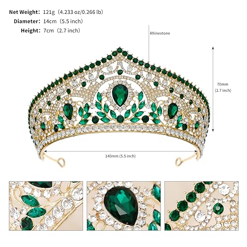 Crystal Wedding Tiara for Women Royal Queen Crown Headband - Gold & Green Style D