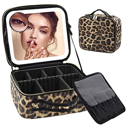 RRtide Leopard Makeup Bag with Lighted Mirror - Travel Cosmetic Organizer with Adjustable Dividers and 3 Light Settings
