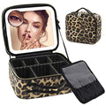 RRtide Leopard Makeup Bag with Lighted Mirror - Travel Cosmetic Organizer with Adjustable Dividers and 3 Light Settings