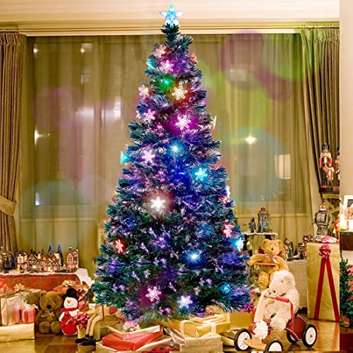 Green 7ft Pre-Lit Optical Fiber Christmas Tree with RGB LED Lights & Snowflakes - Festive Holiday Decor