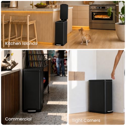Home Zone Living 12 Gallon Slim Trash Can with Soft-Close Lid – Black, Hands-Free Pedal
