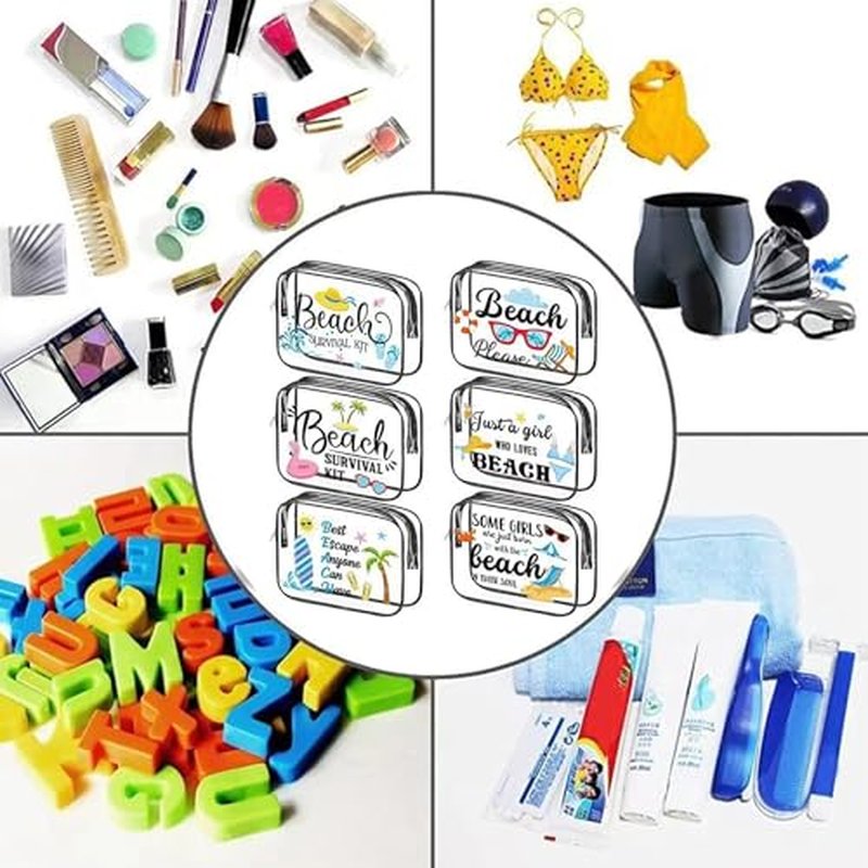 6 Pcs Clear Beach Makeup Bags Gift for Women Bulk Toiletry Bag Cosmetic Bags Beach Accessories for Women Waterproof Travel Bags Multifunction Pouch for Friend Sister Vacation
