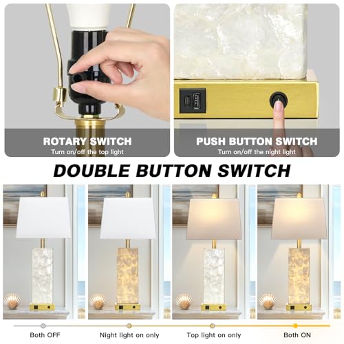 28-Inch Coastal Shell Table Lamps Set of 2 - Gold Nautical Bedside Lighting with USB Charging