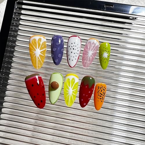 Wsliana Handmade Press On Nails - Medium Almond False Tips with 3D Fruit Design, Reusable, Long-Lasting, Easy Fit, Natural Look - Variation WS076 / L