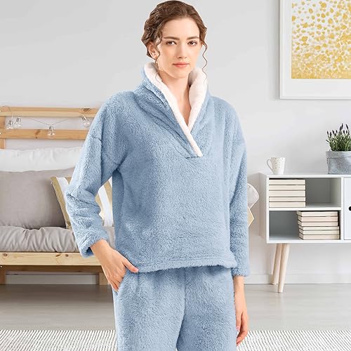Women Fluffy Pajama Set Small Dark Blue Cozy Fleece Sleepwear