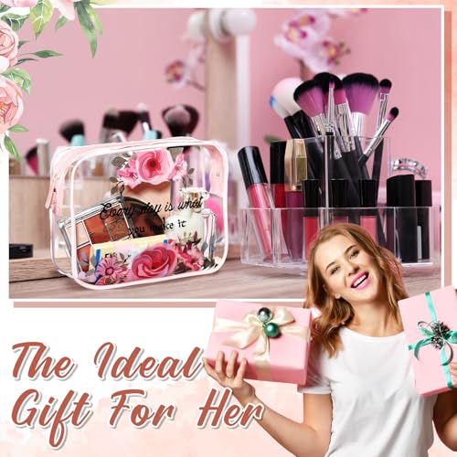 Kacctyen 12 Pcs Clear Makeup Bags Flower Bulk Inspirational Quotes Waterproof Portable with Toiletry Zipper Pink Clear PVC Travel Pouch Encouragement Quotes Bags Appreciation Gift for Mother Nurse
