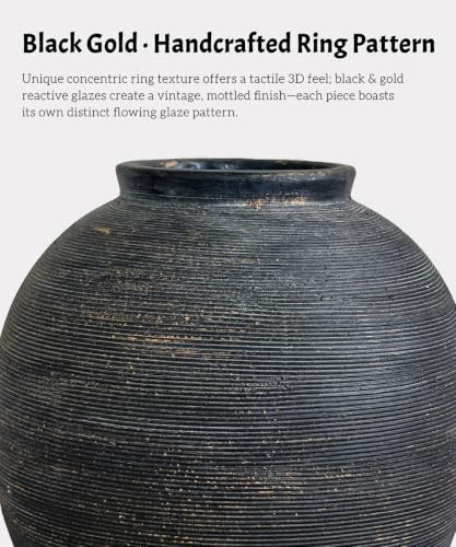Large Black Ceramic Vase - 10.8 Inch with Deep Charcoal Black Glaze - Oval Variation