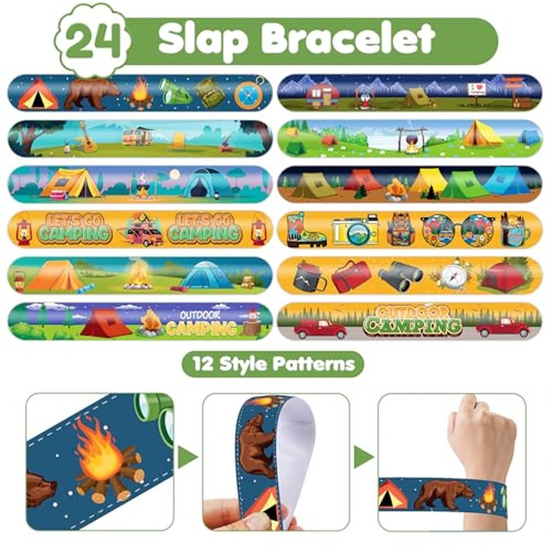 48 PCS Camping Party Favors 24PCS Tattoos Sticker 24PCS Slap Bracelets Wristbands Perfect for Camp Themed Birthday Baby Showers or Classroom Rewards Ideal Decor and Gifts for Girls and Boys
