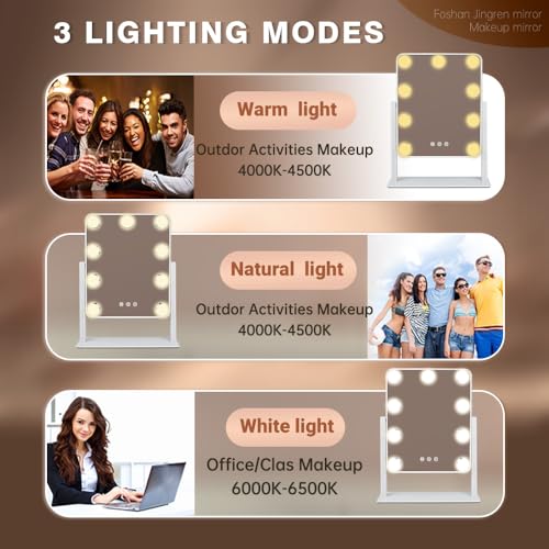 Hollywood Vanity Mirror with Lights,Tabletop Makeup Mirror with 9 LED Lights Smart Touch Control 3 Colors Light 360¡ÆRotation Detachable 10X Magnification