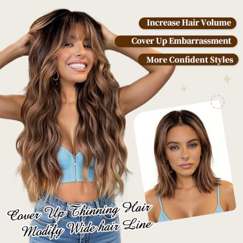 Lativ Brown Highlight Wigs for Women with Bangs & Dark Roots - Long Wavy 26 Inch - Brown Mixed Blonde Variant