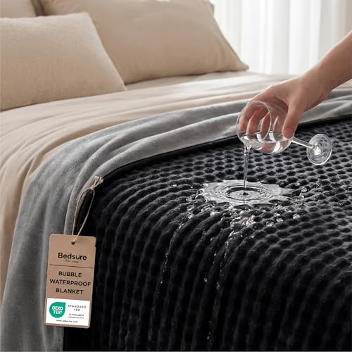 Queen Waterproof Fleece Dog Blanket - Reversible Bubble Bed Protector, Black/Grey