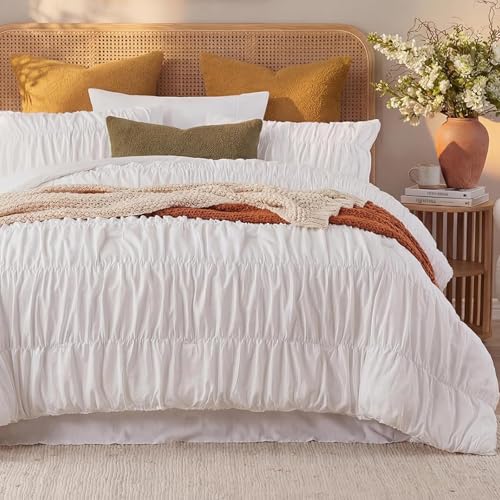 Queen Size Cotton Ruffled Comforter Set with Pleated Texture - White