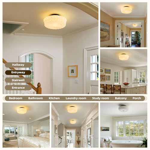 White Milk Glass Schoolhouse Ceiling Light - 14 Inch Mid-Century Flush Mount Fixture