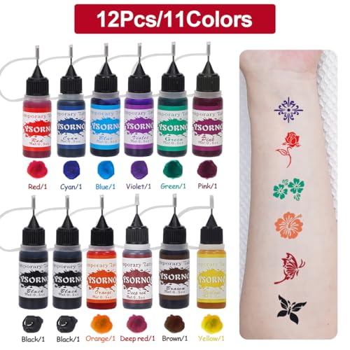 Temporary Tattoo Henna Kit Safe & Easy Fake 12 Bottles 11 Colors Ink 18 Big Pcs Stencils for Adults/Kids-fake tattoos (Black¡¿2, Red, Green, Purple, Orange, Navy Blue, Brown, Pink, Grey, Yellow)