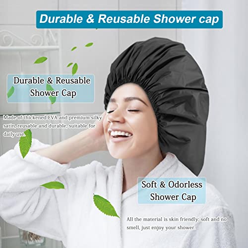 2X-Large Satin Lined Shower Cap for Long Hair & Braids - Waterproof Edge, Extra Large, Black
