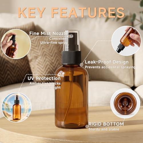 48 Pack Travel Size Amber Spray Bottles - Fine Mist Plastic Refill Sprays for Hair, Skin, Plants & More