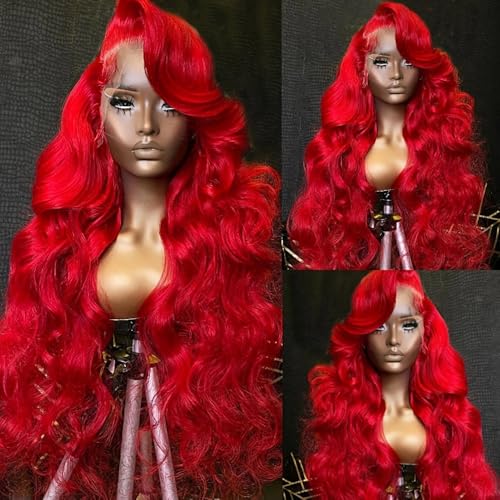 Red Lace Front Wig 13x4 HD Transparent Swiss Lace Body Wave 26 Inch Pre-Plucked Glueless Synthetic Hair for Black Women - Bright Red