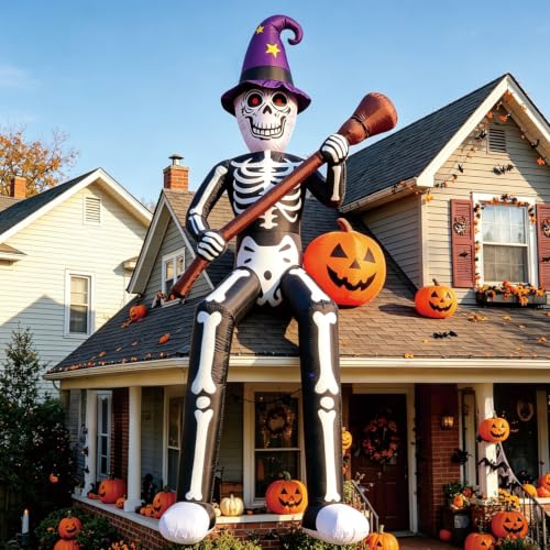 Halloween Inflatable Skeleton Wizard 12 FT with Broom & Pumpkin - Roof Skeleton Variation
