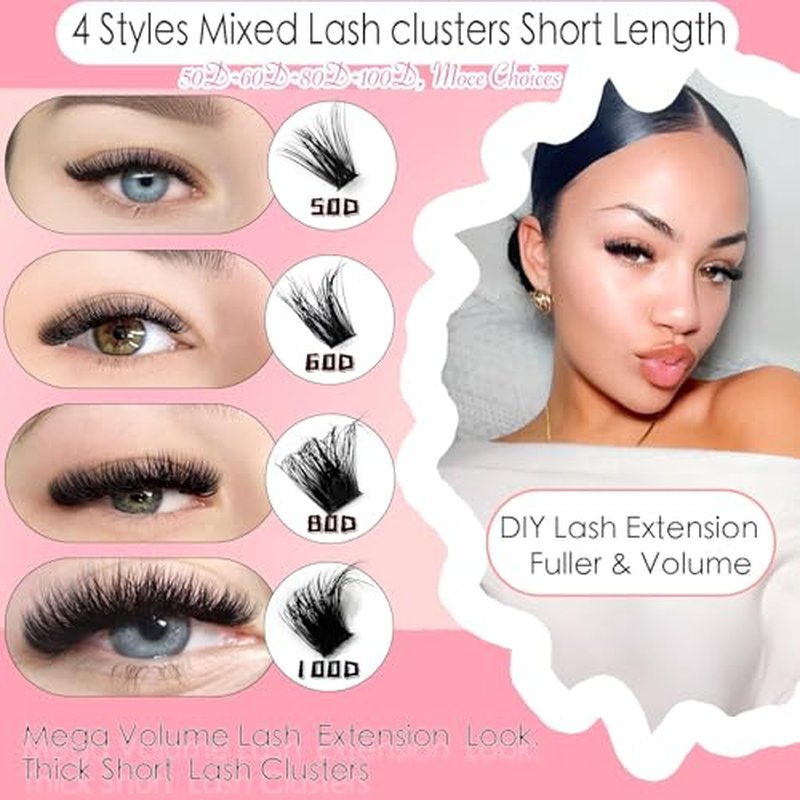 DAODER Thick Short DIY Lash Extension Kit 640pcs 50D 60D 80D 100D Mixed Volume 3D Cluster Eyelash Extensions Fluff D Curl Individual Lashes Clusters with Lash Remover Bond Seal 9-13mm