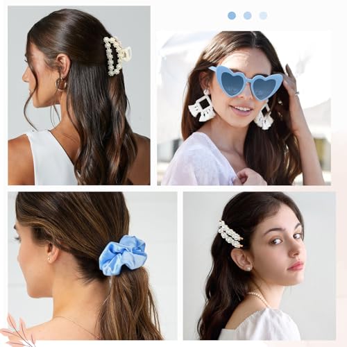 4 Sets Pearl Bridal Gift Set with Claw Clips Makeup Bag & Sunglasses - Blue