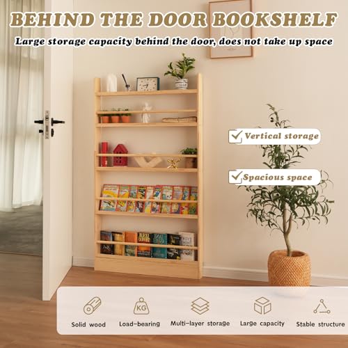 Wood 5-Tier Behind The Door Bookshelf - Natural Finish, Farmhouse Style