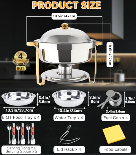 Silver & Gold 6QT Chafing Dishes Set for Buffet, 4 Pack Food Warmers