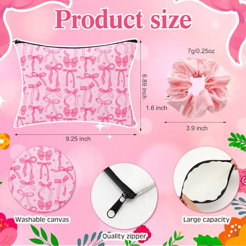 18 Pcs Pink Bow Glass Cups with Lids Coquette Bow Cosmetic Makeup Bag Pink Hair Scrunchies Ties for Women Birthday Wedding Gift Bridesmaid Bridal Valentines Christmas