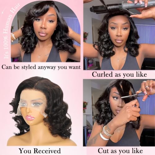 Body Wave Bob Wig Human Hair 13x6 Lace Front 14 Inch Natural Black