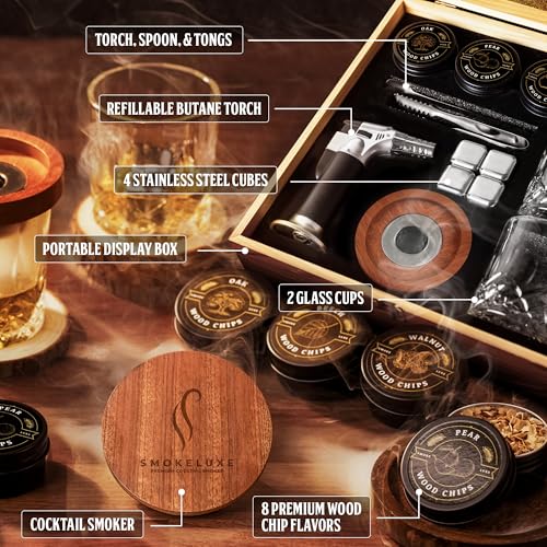 Whiskey Smoker Kit with 8 Wood Chips, Glasses & Lighter - Premium Bourbon Infusion Set