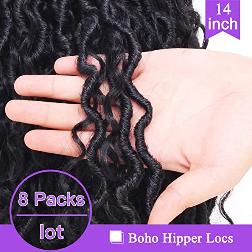 ZRQ 8 Pack Boho Faux Locs Crochet Hair 14 Inch Goddess Locs with Curly Ends, Pre Looped River Locs, Soft Synthetic Extensions, 1B#