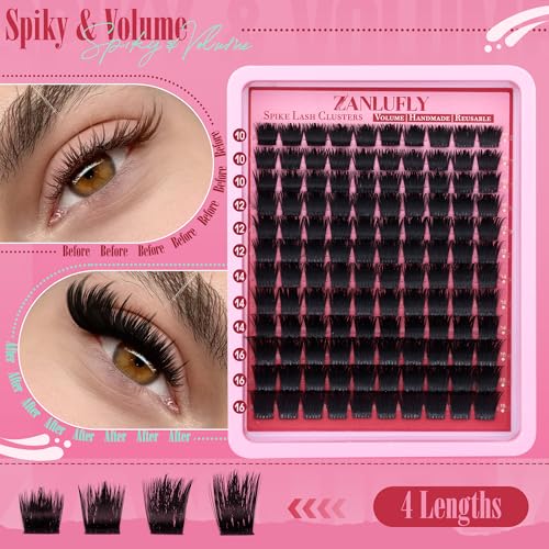 zanlufly Volume Lash Clusters Spiky Eyelash Clusters 120 Pcs Thick Cluster Eyelash Extensions with Thin Band 10-16mm Handmade Reusable Individual Eyelashes D Curly Lash extension DIY at Home