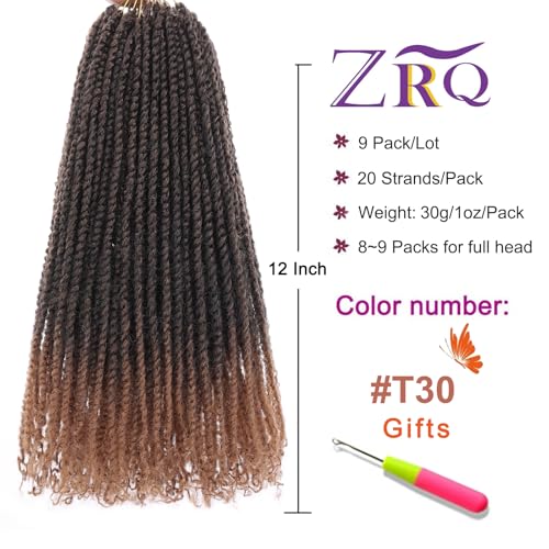 12 Inch Micro Twist Crochet Hair Extensions - T30# Ombre Brown, 9 Packs Pre-Twisted