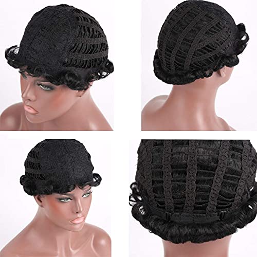 Women's Short Wavy Wig - Black Curly Human Hair 2# - Retro Natural Look
