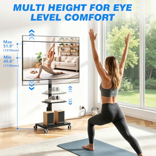 Rfiver Black Rolling TV Stand for 32-65 Inch TVs with Power Outlet & Swivel