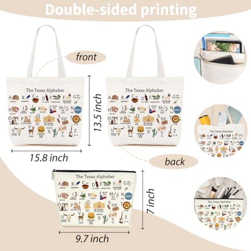 Cute Texas State Souvenirs Gifts Canvas Tote Bag Makeup Bag Set Texas Themed Gifts for Women Girls Sister Friend Vacation Birthday Christmas Reusable Shopping Grocery Bags Travel Cosmetic Bags
