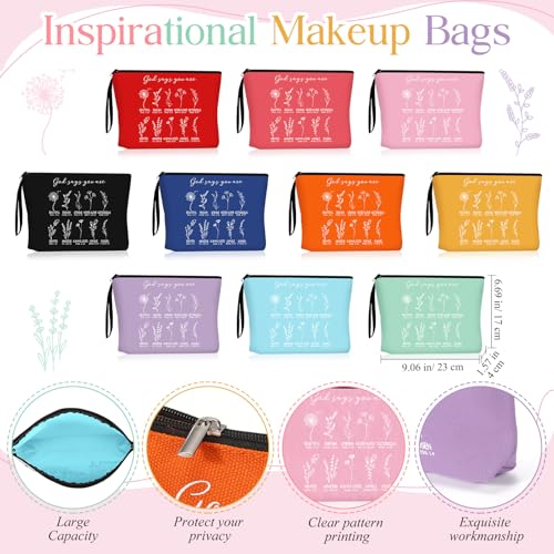 Reginary 10 Pcs Christian Gift for Women Bulk Religious Cosmetic Bag International Women's Day Gifts Inspirational Bible Verse Floral Makeup Bag with Zipper for Sister Church Members (Multicolor)