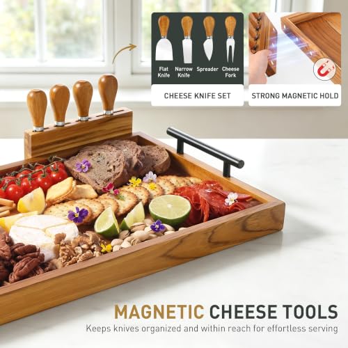 Large 36 Inch Teak Charcuterie Board with 4-Piece Cheese Knife Set & Handles - Variation of THIS listing