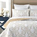 King Size Reversible Quilt Set with Embroidery - Beige Bedding with 2 Pillow Shams