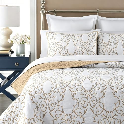 King Size Reversible Quilt Set with Embroidery - Beige Bedding with 2 Pillow Shams
