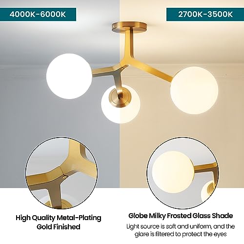 Gold Semi-Flush Mount Ceiling Light Fixture - Modern Sputnik Chandelier with Frosted Glass Shade