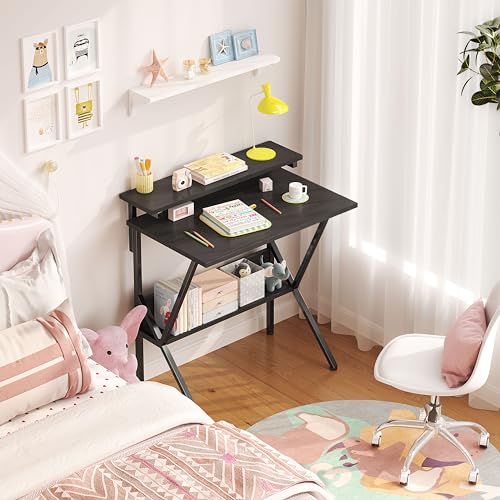 Small Computer Desk with Adjustable Monitor Stand - Black, 27.5 Inch Space Saver
