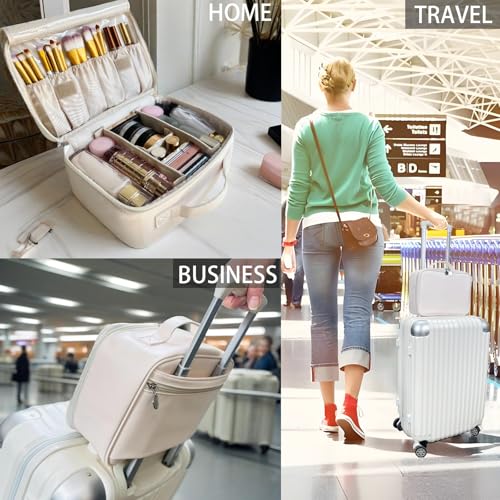 MKPCW Multifunctional Travel Makeup Bag Cosmetic Organizer with Removable Dividers, Brush Holder & Luggage Strap ? Waterproof Large Capacity Toiletry Pouch for Women, Gym, Daily Use (White)