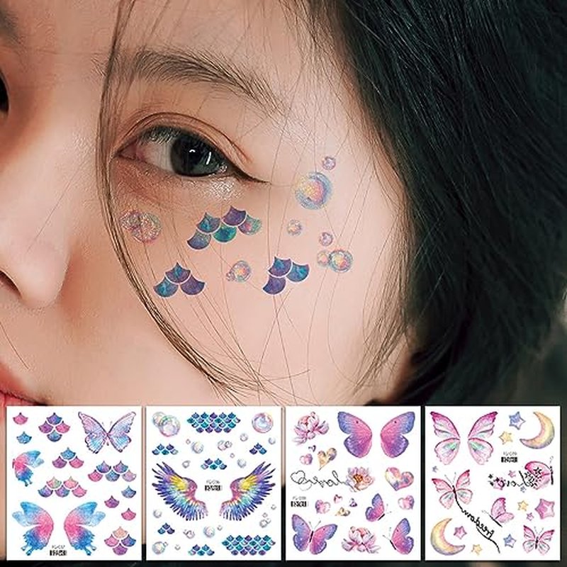14 Sheets Glitter Butterfly Temporary Tattoos Sticker for Eye Face Makeup Decoration, Body art tattoo stickers Shiny Butterflies Waterproof Fake Tattoos for Women Girls Festival Party Eye Decor