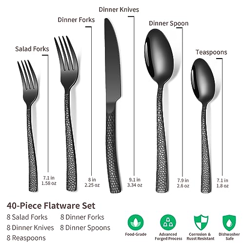 40-Piece Black Silverware Set - Stainless Steel Flatware for 8 with Hammered Handles