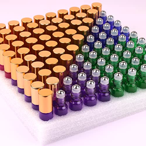 Colored Roller Bottles 100 Pack - 5ml Refillable Glass Essential Oil & Perfume Bottles with Stainless Steel Roll-On & Metal Cap