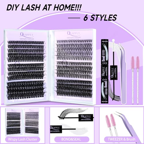 Lash Extension Kit 8-16mm D Curl 6 styles Individual Lashes Wispy False Eyelashes with Lash Bond&Seal Tweezer and Brush for Self Application at Home (6 styles lashes kit)