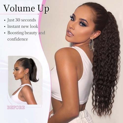 26 Inch Dark Brown Drawstring Ponytail Extensions for Women, Long Curly Wavy Hair